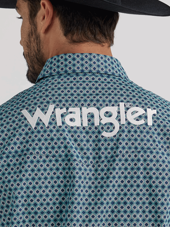 Wrangler 112337440 Mens Logo Western Snap Shirt Blue Diamonds front and side view. If you need any assistance with this item or the purchase of this item please call us at five six one seven four eight eight eight zero one Monday through Saturday 10:00a.m EST to 8:00 p.m EST