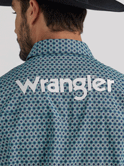 Wrangler 112337440 Mens Logo Western Snap Shirt Blue Diamonds back wrangler embroidered logo close up view. If you need any assistance with this item or the purchase of this item please call us at five six one seven four eight eight eight zero one Monday through Saturday 10:00a.m EST to 8:00 p.m EST