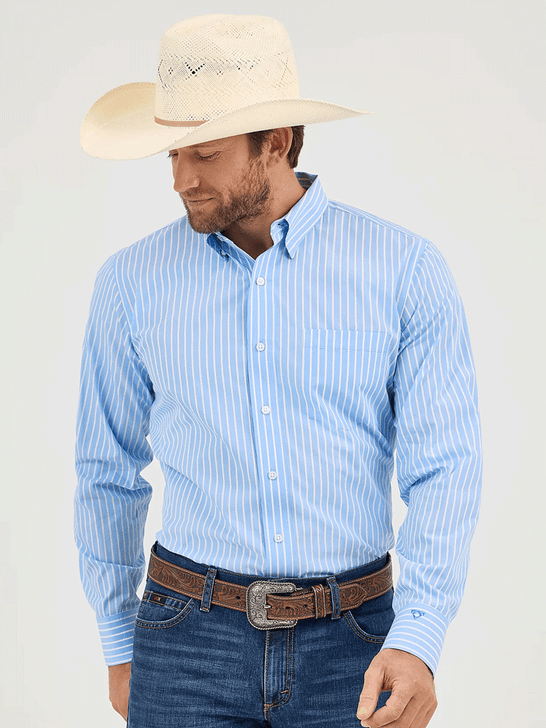 Wrangler 112365617 Mens Cody Johnson Button Down Stripe Shirt Powder Blue front view. If you need any assistance with this item or the purchase of this item please call us at five six one seven four eight eight eight zero one Monday through Saturday 10:00a.m EST to 8:00 p.m EST