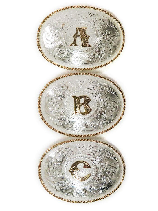 Montana Silversmiths 700 Initial Silver Engraved Gold Trim Western Belt Buckle ABC Letter front view. If you need any assistance with this item or the purchase of this item please call us at five six one seven four eight eight eight zero one Monday through Saturday 10:00a.m EST to 8:00 p.m EST