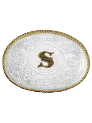 Montana Silversmiths 700 Initial Silver Engraved Gold Trim Western Belt Buckle letter S front view. If you need any assistance with this item or the purchase of this item please call us at five six one seven four eight eight eight zero one Monday through Saturday 10:00a.m EST to 8:00 p.m EST