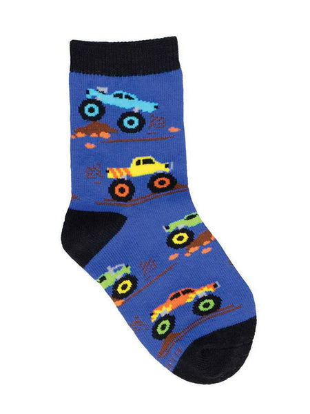Socksmith KC71713-BLU Kids Monster Trucks Socks Blue side view. If you need any assistance with this item or the purchase of this item please call us at five six one seven four eight eight eight zero one Monday through Saturday 10:00a.m EST to 8:00 p.m EST