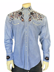 Rockmount 6709-BLU Mens Vintage Floral Embroidery Western Shirt Blue front view. If you need any assistance with this item or the purchase of this item please call us at five six one seven four eight eight eight zero one Monday through Saturday 10:00a.m EST to 8:00 p.m EST