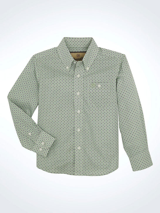 Wrangler 112359458 Boys Classic Button Down Print Shirt Olive Green front view. If you need any assistance with this item or the purchase of this item please call us at five six one seven four eight eight eight zero one Monday through Saturday 10:00a.m EST to 8:00 p.m EST