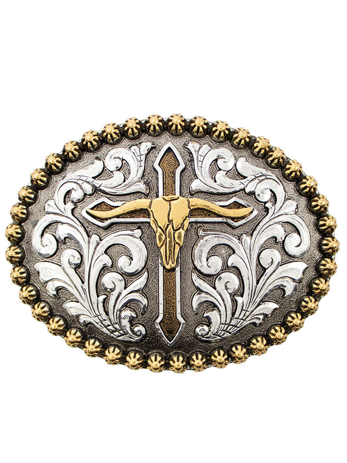 AndWest 736 Steer Skull with Cross Buckle Antique Gold And Silver front view. If you need any assistance with this item or the purchase of this item please call us at five six one seven four eight eight eight zero one Monday through Saturday 10:00a.m EST to 8:00 p.m EST