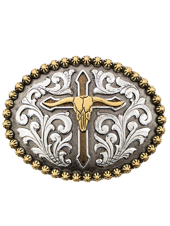 AndWest 736 Steer Skull with Cross Buckle Antique Gold And Silver front view. If you need any assistance with this item or the purchase of this item please call us at five six one seven four eight eight eight zero one Monday through Saturday 10:00a.m EST to 8:00 p.m EST