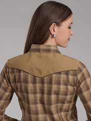 Roper 01-050-0024-1071 Womens Long Sleeve Plaid Shirt Brown Tan front view. If you need any assistance with this item or the purchase of this item please call us at five six one seven four eight eight eight zero one Monday through Saturday 10:00a.m EST to 8:00 p.m EST