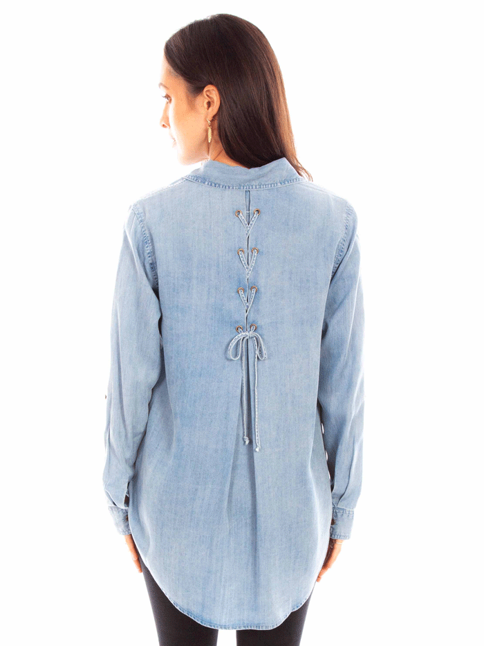 Scully HC844-BLU Womens Lace Up Back Blouse Light Blue front view. If you need any assistance with this item or the purchase of this item please call us at five six one seven four eight eight eight zero one Monday through Saturday 10:00a.m EST to 8:00 p.m EST