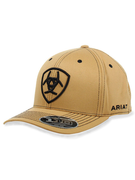Ariat A300064108 Snapback Flexfit 110 Shield Logo Cap Tan front / side view. If you need any assistance with this item or the purchase of this item please call us at five six one seven four eight eight eight zero one Monday through Saturday 10:00a.m EST to 8:00 p.m EST