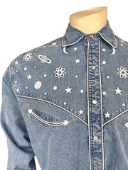 Rockmount 6814-DEN Mens Out of This World Embroidered Denim Western Shirt Light Blue front close up view. If you need any assistance with this item or the purchase of this item please call us at five six one seven four eight eight eight zero one Monday through Saturday 10:00a.m EST to 8:00 p.m EST

