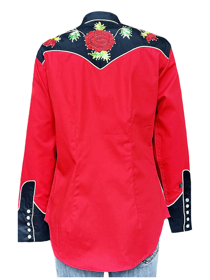 Rockmount 7805-BLK/RED Womens Vintage 2 Tone Roses Embroidered Western Shirt Black Red front view. If you need any assistance with this item or the purchase of this item please call us at five six one seven four eight eight eight zero one Monday through Saturday 10:00a.m EST to 8:00 p.m EST