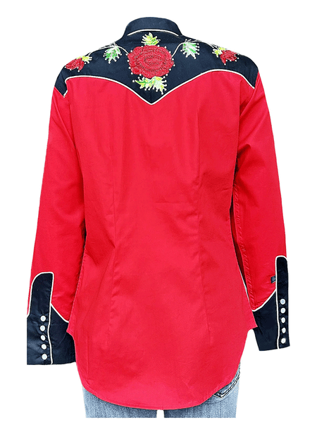 Rockmount 7805-BLK/RED Womens Vintage 2 Tone Roses Embroidered Western Shirt Black Red back view. If you need any assistance with this item or the purchase of this item please call us at five six one seven four eight eight eight zero one Monday through Saturday 10:00a.m EST to 8:00 p.m EST