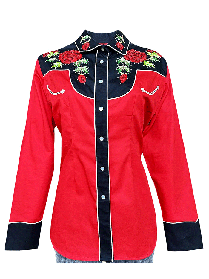 Rockmount 7805-BLK/RED Womens Vintage 2 Tone Roses Embroidered Western Shirt Black Red front view. If you need any assistance with this item or the purchase of this item please call us at five six one seven four eight eight eight zero one Monday through Saturday 10:00a.m EST to 8:00 p.m EST