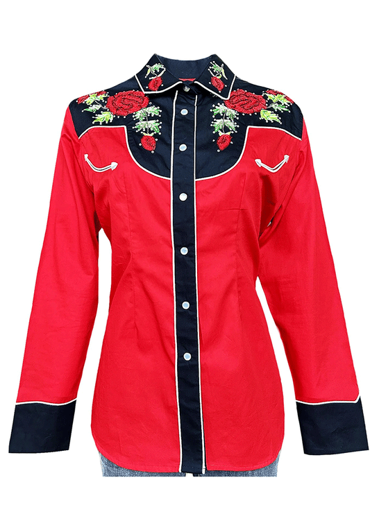 Rockmount 7805-BLK/RED Womens Vintage 2 Tone Roses Embroidered Western Shirt Black Red front view. If you need any assistance with this item or the purchase of this item please call us at five six one seven four eight eight eight zero one Monday through Saturday 10:00a.m EST to 8:00 p.m EST