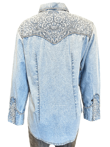 Rockmount 7859-DBLU Womens Vintage Tooling Embroidered Western Shirt Denim Blue back view. If you need any assistance with this item or the purchase of this item please call us at five six one seven four eight eight eight zero one Monday through Saturday 10:00a.m EST to 8:00 p.m EST