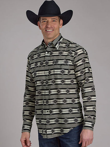 Roper 03-001-0067-0153 Mens Long Sleeve Horizontal Print Snap Shirt Black front view. If you need any assistance with this item or the purchase of this item please call us at five six one seven four eight eight eight zero one Monday through Saturday 10:00a.m EST to 8:00 p.m EST