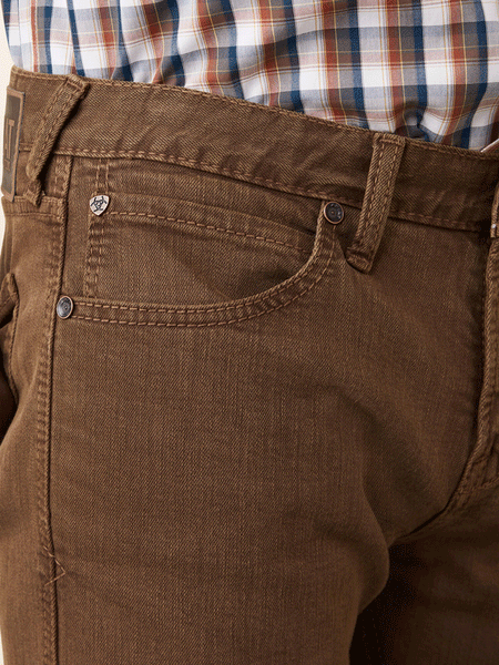 Ariat 10045230 Mens M7 Grizzly Straight Jean Peat Brown front pocket close up. If you need any assistance with this item or the purchase of this item please call us at five six one seven four eight eight eight zero one Monday through Saturday 10:00a.m EST to 8:00 p.m EST