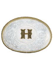 Montana Silversmiths 700 Initial Silver Engraved Gold Trim Western Belt Buckle letter H front view. If you need any assistance with this item or the purchase of this item please call us at five six one seven four eight eight eight zero one Monday through Saturday 10:00a.m EST to 8:00 p.m EST