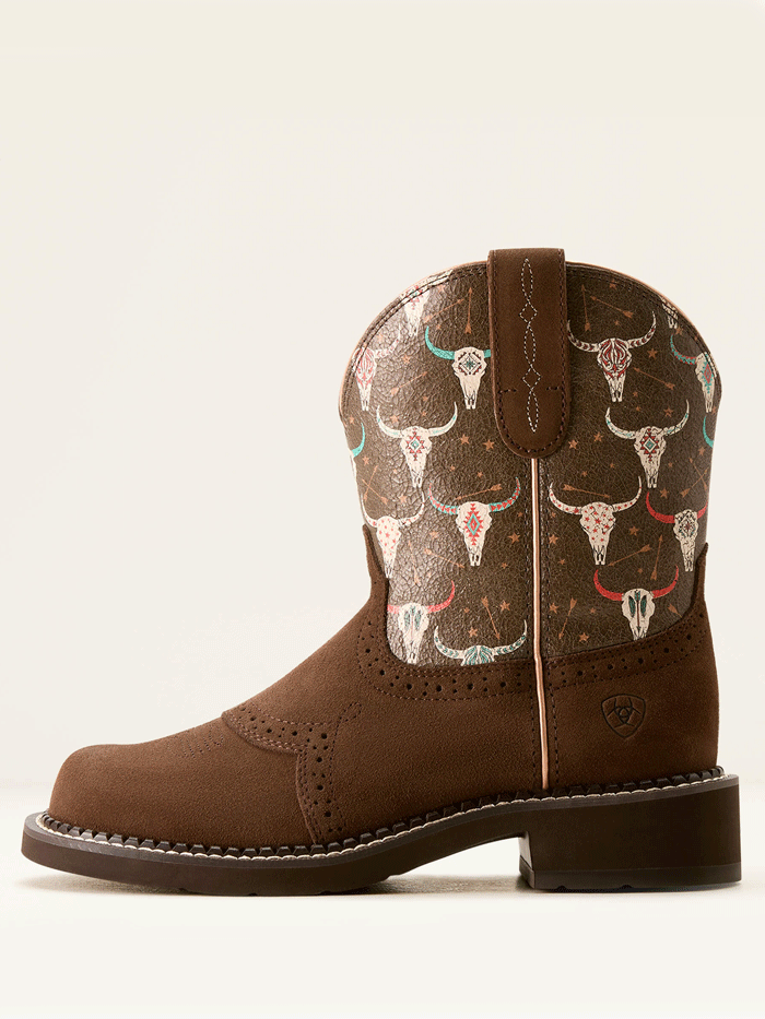 Ariat 10053635 Womens Fatbaby Heritage Farrah Western Boot Barley Brown front and side view. If you need any assistance with this item or the purchase of this item please call us at five six one seven four eight eight eight zero one Monday through Saturday 10:00a.m EST to 8:00 p.m EST