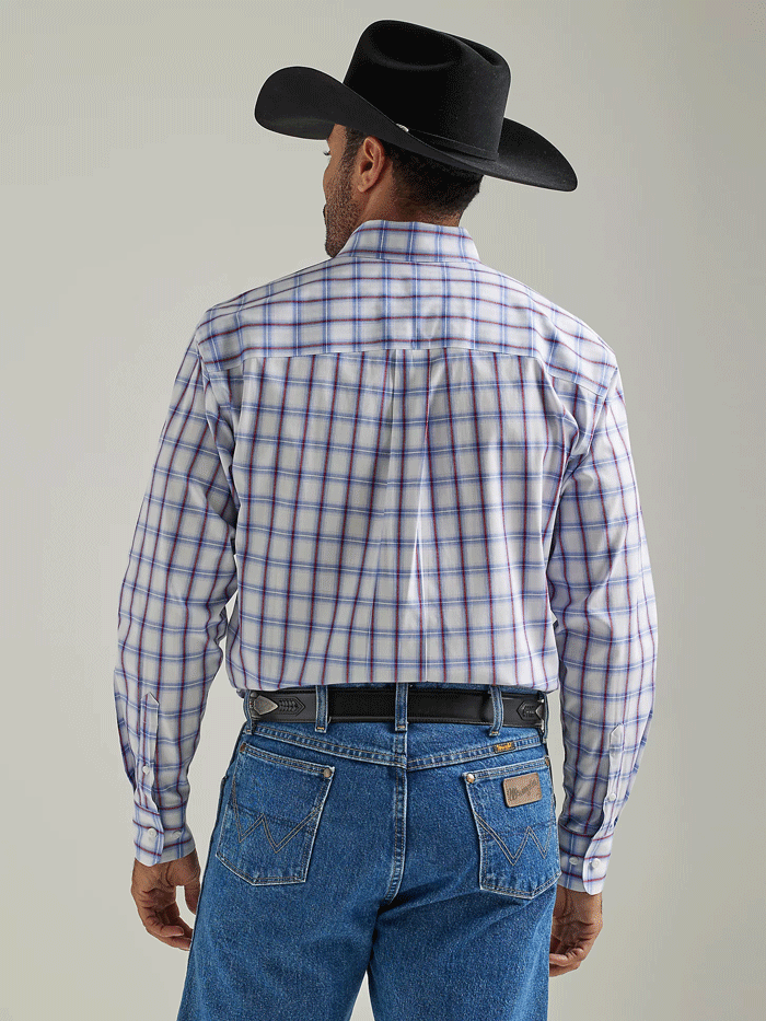 Wrangler 112327830 Mens George Strait Long Sleeve Button Down Plaid Shirt Americana Blue front view. If you need any assistance with this item or the purchase of this item please call us at five six one seven four eight eight eight zero one Monday through Saturday 10:00a.m EST to 8:00 p.m EST