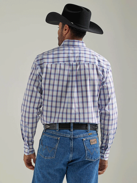 Wrangler 112327830 Mens George Strait Long Sleeve Button Down Plaid Shirt Americana Blue back view. If you need any assistance with this item or the purchase of this item please call us at five six one seven four eight eight eight zero one Monday through Saturday 10:00a.m EST to 8:00 p.m EST