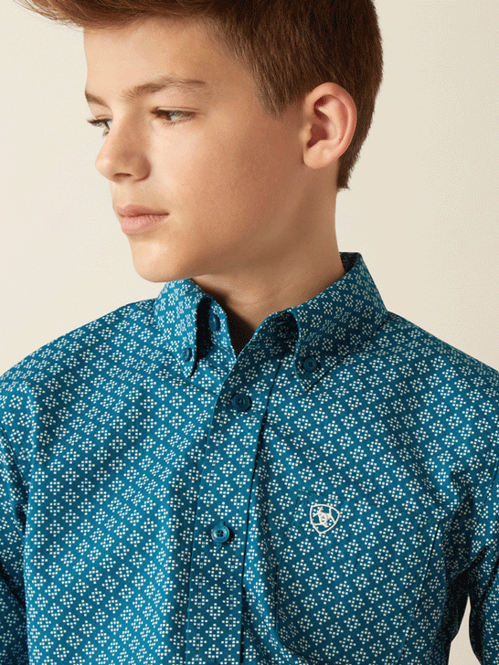 Ariat 10054073 Kids Petey Classic Fit Shirt Dark Teal front close up. If you need any assistance with this item or the purchase of this item please call us at five six one seven four eight eight eight zero one Monday through Saturday 10:00a.m EST to 8:00 p.m EST