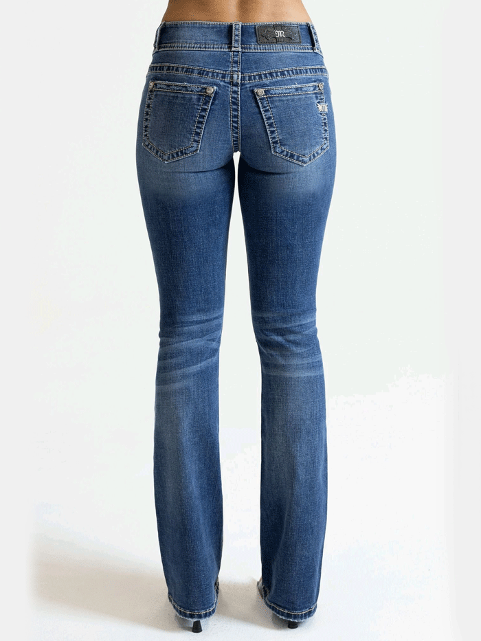 Miss Me M3636B95V Womens Mid Rise Bootcut Jean Denim Blue back view close up. If you need any assistance with this item or the purchase of this item please call us at five six one seven four eight eight eight zero one Monday through Saturday 10:00a.m EST to 8:00 p.m EST