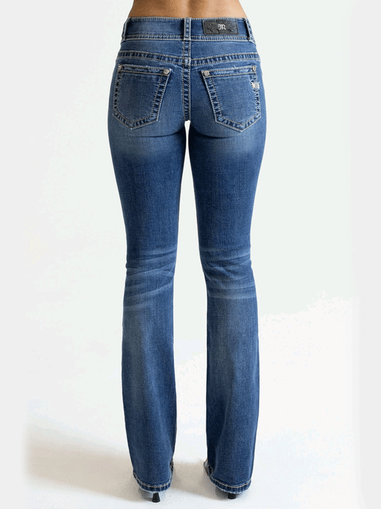 Miss Me M3636B95V Womens Mid Rise Bootcut Jean Denim Blue back view. If you need any assistance with this item or the purchase of this item please call us at five six one seven four eight eight eight zero one Monday through Saturday 10:00a.m EST to 8:00 p.m EST