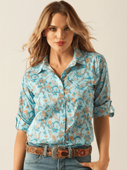 Ariat 10058801 Womens VentTEK Long Sleeve Shirt Blue Paisley Floral front view. If you need any assistance with this item or the purchase of this item please call us at five six one seven four eight eight eight zero one Monday through Saturday 10:00a.m EST to 8:00 p.m EST