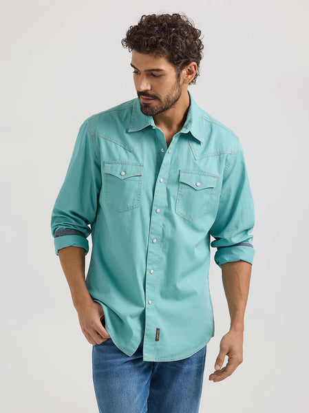 Wrangler 112359909 Mens Retro Premium Long Sleeve Shirt Sugar Blue Turquoise front view. If you need any assistance with this item or the purchase of this item please call us at five six one seven four eight eight eight zero one Monday through Saturday 10:00a.m EST to 8:00 p.m EST