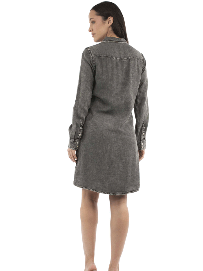 Woman wearing a gray denim dress on a white background front view. If you need any assistance with this item or the purchase of this item please call us at five six one seven four eight eight eight zero one Monday through Saturday 10:00a.m EST to 8:00 p.m EST
