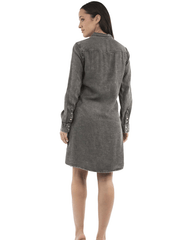Woman wearing a gray denim dress on a white background back view. If you need any assistance with this item or the purchase of this item please call us at five six one seven four eight eight eight zero one Monday through Saturday 10:00a.m EST to 8:00 p.m EST