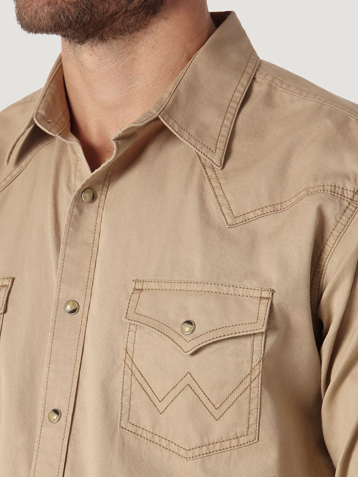 Wrangler MVR502T Mens Retro Long Sleeve Shirt Tan front view. If you need any assistance with this item or the purchase of this item please call us at five six one seven four eight eight eight zero one Monday through Saturday 10:00a.m EST to 8:00 p.m EST