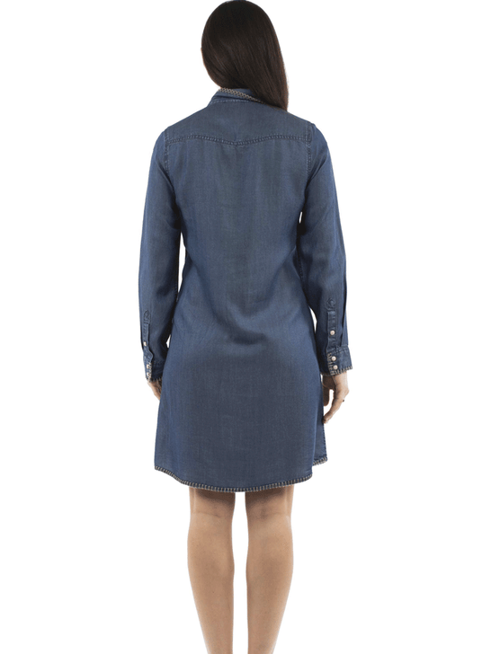 Blue denim dress worn by a person on a white background back view. If you need any assistance with this item or the purchase of this item please call us at five six one seven four eight eight eight zero one Monday through Saturday 10:00a.m EST to 8:00 p.m EST