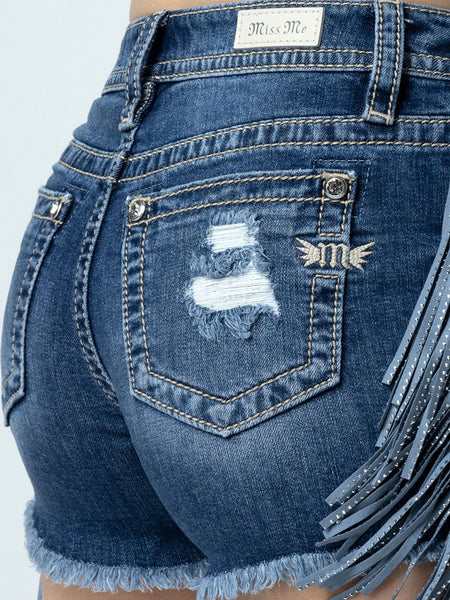 Miss Me H3636H77 Womens High Rise Shining Fringe Shorts Denim back close up. If you need any assistance with this item or the purchase of this item please call us at five six one seven four eight eight eight zero one Monday through Saturday 10:00a.m EST to 8:00 p.m EST