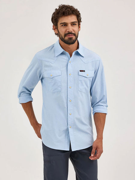 Wrangler 112360550 Mens ATG Drover Utility Shirt Cerulean Light Blue front view. If you need any assistance with this item or the purchase of this item please call us at five six one seven four eight eight eight zero one Monday through Saturday 10:00a.m EST to 8:00 p.m EST