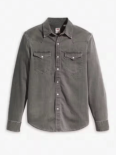 Levis 857450148 Mens Classic Standard Fit Western Shirt Calypso Grey Stonewash front view . If you need any assistance with this item or the purchase of this item please call us at five six one seven four eight eight eight zero one Monday through Saturday 10:00a.m EST to 8:00 p.m EST