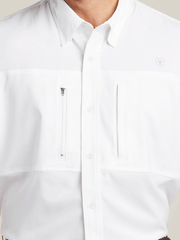 Ariat 10034962 Mens VentTEK Classic Fit Shirt White close up view of front. If you need any assistance with this item or the purchase of this item please call us at five six one seven four eight eight eight zero one Monday through Saturday 10:00a.m EST to 8:00 p.m EST