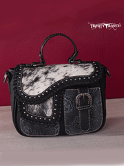 Trinity Ranch TR149-8360BK Womens Hair-On Cowhide Saddle Shape Crossbody Satchel Black front. If you need any assistance with this item or the purchase of this item please call us at five six one seven four eight eight eight zero one Monday through Saturday 10:00a.m EST to 8:00 p.m EST

