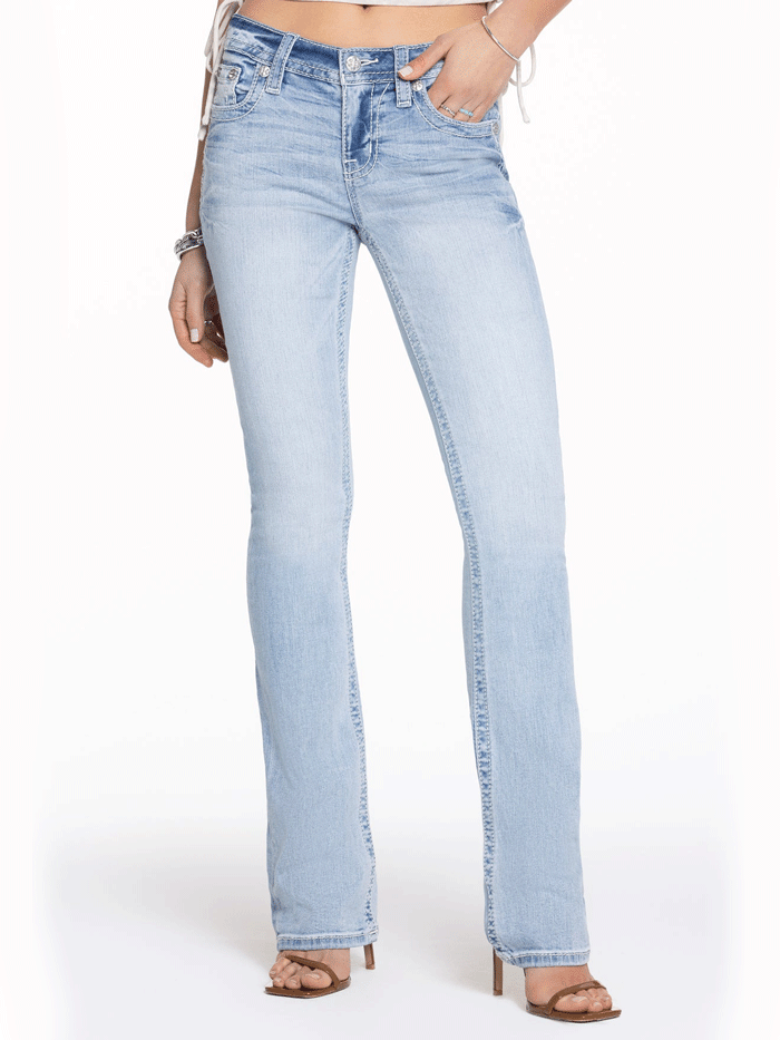 Miss Me M5082B190L Womens Niela Wing Mid Rise Bootcut Jeans Light Wash back close up view. If you need any assistance with this item or the purchase of this item please call us at five six one seven four eight eight eight zero one Monday through Saturday 10:00a.m EST to 8:00 p.m EST