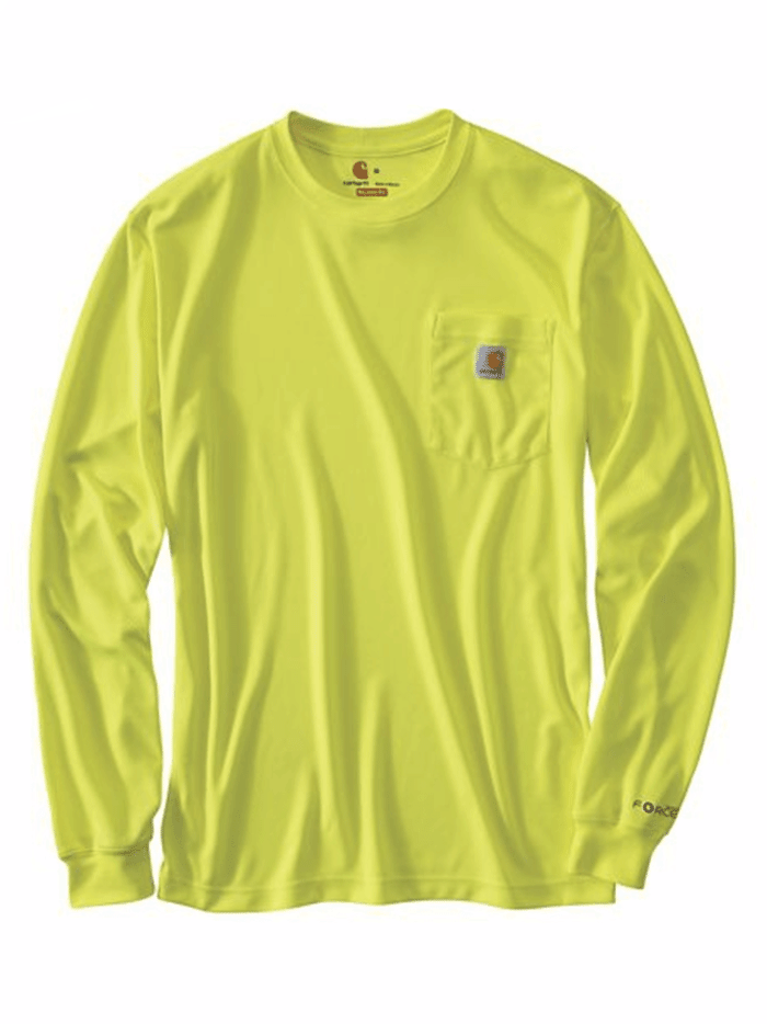 Carhartt 100494-323 Mens Force Color Enhanced Long Sleeve T-Shirt Brite Lime front view on model. If you need any assistance with this item or the purchase of this item please call us at five six one seven four eight eight eight zero one Monday through Saturday 10:00a.m EST to 8:00 p.m EST