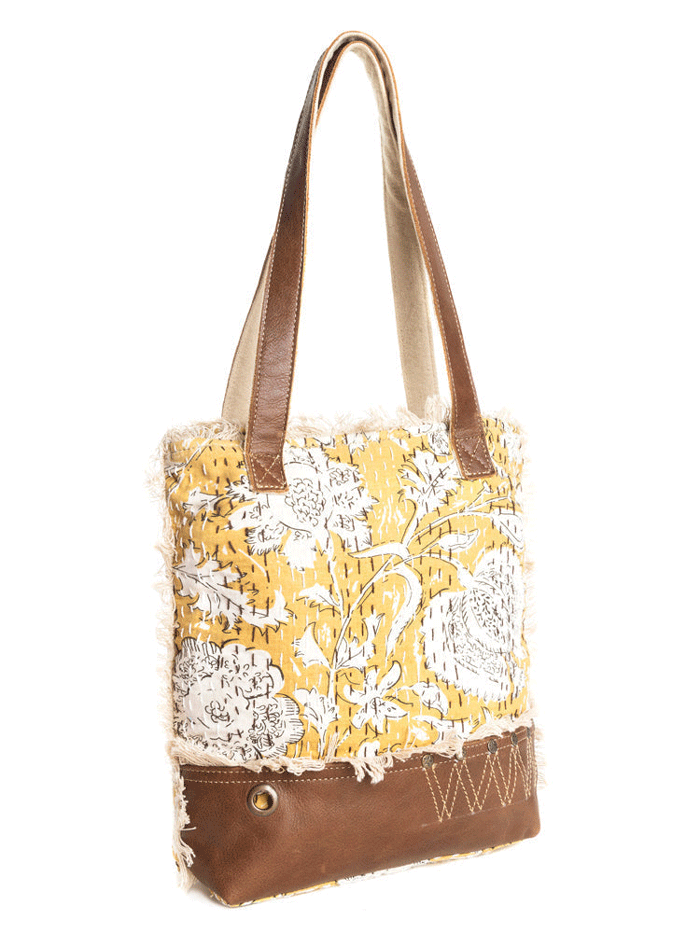 Myra Bag S-10851 Womens Prairie Leaf Mini Tote Bag Gold front. If you need any assistance with this item or the purchase of this item please call us at five six one seven four eight eight eight zero one Monday through Saturday 10:00a.m EST to 8:00 p.m EST