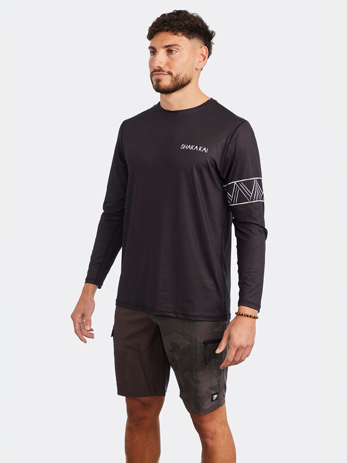 Shaka Kai DaveL SHARK BAIT Mens Long Sleeve Performance Shirt Black back view. If you need any assistance with this item or the purchase of this item please call us at five six one seven four eight eight eight zero one Monday through Saturday 10:00a.m EST to 8:00 p.m EST