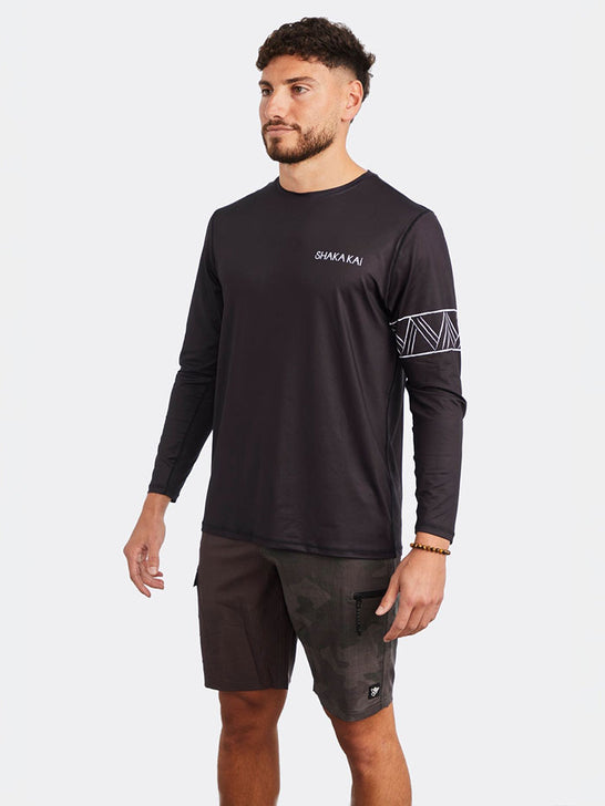 Shaka Kai DaveL SHARK BAIT Mens Long Sleeve Performance Shirt Black front / side view. If you need any assistance with this item or the purchase of this item please call us at five six one seven four eight eight eight zero one Monday through Saturday 10:00a.m EST to 8:00 p.m EST