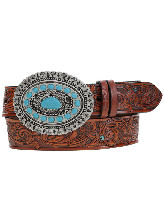 Hooey HWBLT021 Womens Medina Classic Belt Brown And Turquoise front view. If you need any assistance with this item or the purchase of this item please call us at five six one seven four eight eight eight zero one Monday through Saturday 10:00a.m EST to 8:00 p.m EST