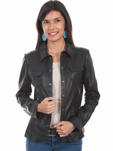 Scully L1024-11 Womens Contemporary Lamb Leather Jacket Black front view. If you need any assistance with this item or the purchase of this item please call us at five six one seven four eight eight eight zero one Monday through Saturday 10:00a.m EST to 8:00 p.m EST