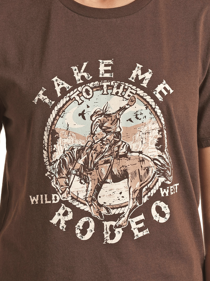 Rock & Roll Denim BW21T02726 Womens Take Me To The Rodeo Graphic Tee Brown front view. If you need any assistance with this item or the purchase of this item please call us at five six one seven four eight eight eight zero one Monday through Saturday 10:00a.m EST to 8:00 p.m EST