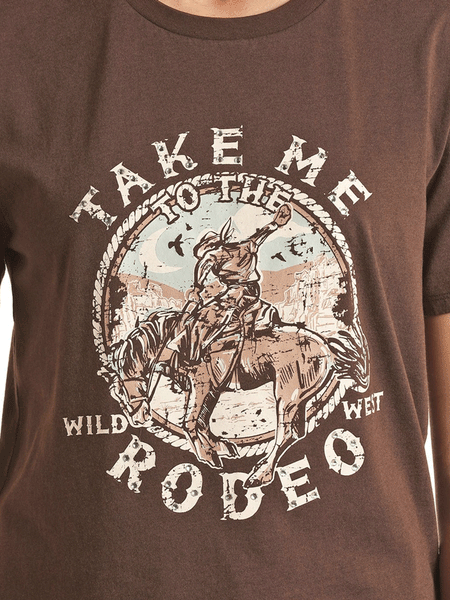 Rock & Roll Denim BW21T02726 Womens Take Me To The Rodeo Graphic Tee Brown graphic close up view. If you need any assistance with this item or the purchase of this item please call us at five six one seven four eight eight eight zero one Monday through Saturday 10:00a.m EST to 8:00 p.m EST
