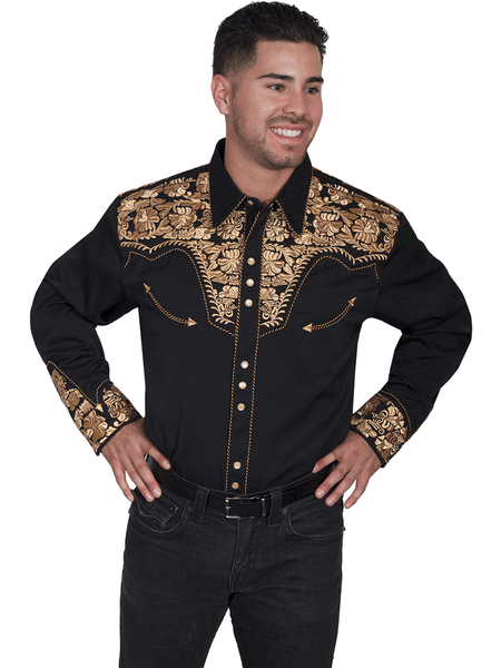 Scully P-634-GLD Mens Floral Tooled Embroidery Western Shirt Gold front view. If you need any assistance with this item or the purchase of this item please call us at five six one seven four eight eight eight zero one Monday through Saturday 10:00a.m EST to 8:00 p.m EST