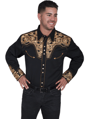 Scully P-634-GLD Mens Floral Tooled Embroidery Western Shirt Gold front view. If you need any assistance with this item or the purchase of this item please call us at five six one seven four eight eight eight zero one Monday through Saturday 10:00a.m EST to 8:00 p.m EST